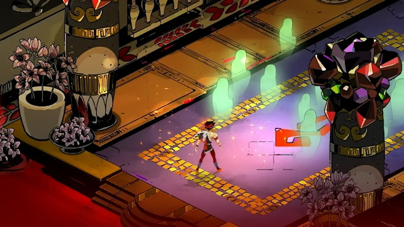 Zagreus stands on a glowing purple floor in a Hades chamber, framed by ornate pillars and flowers.