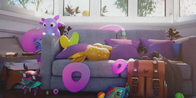 Several colorful Peridot creatures gather around a sofa in a bright room.