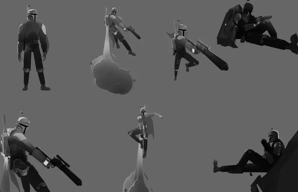 A sheet of 3D Boba Fett poses, including standing, airborne, and seated variations.